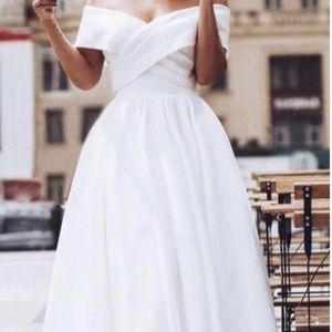 White off the shoulder tea length dress
